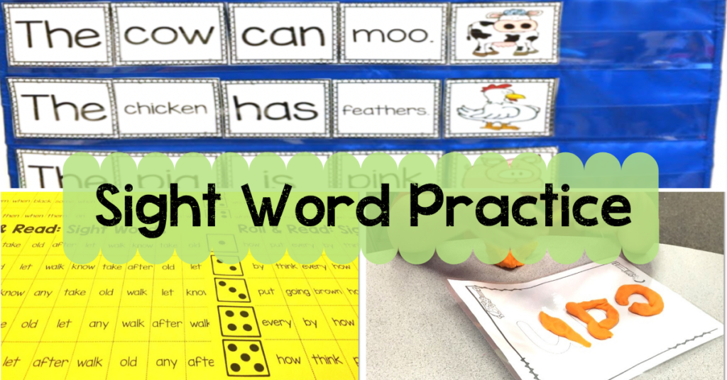 Sight Word Practices: shows pocket chart with mixed up sentences, roll and read sight word center, and play dough mat