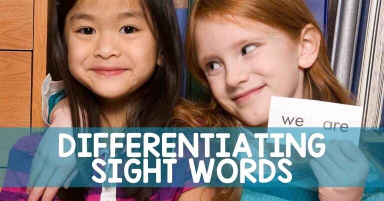 Two girls holding word cards and text differentiating sight words