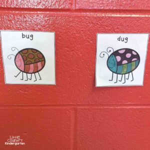 Bug cvc words cut apart and posted on a wall to be used as a read or write around the room center.