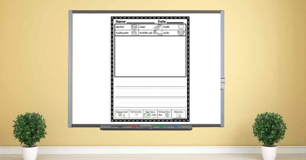 Projected writing prompt with word bank and rubric on a SmartBoard for teaching writing in kindergarten
