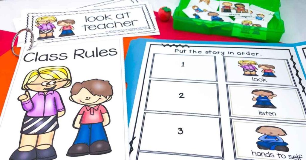 Adapted book featuring vocabulary cards, a class rules book, pieces to match while reading the book and for visual comprehension questions, and a retell story file folder
