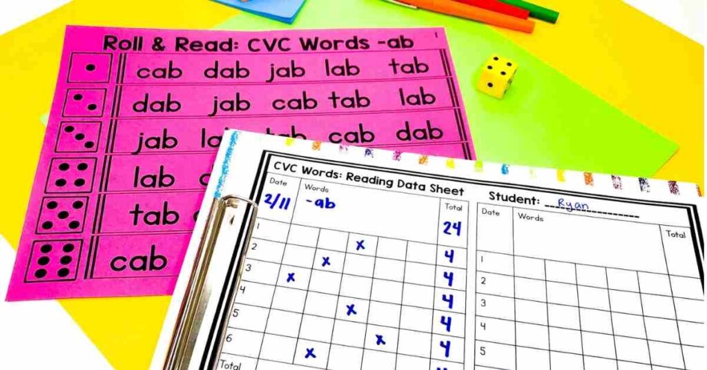 Roll and read cvc mat with a data sheet and dice