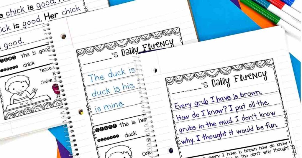 Daily fluency with three levels shown in three different notebooks. One focusing on repetitive sentences, one with 3 sentences, and one paragraph version. Decodable passages are one of the strategies to improve reading fluency