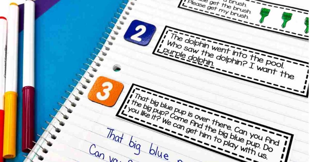 Daily fluency shown with all there levels as notebook strips on one notebook page showing options to use to improve reading fluency