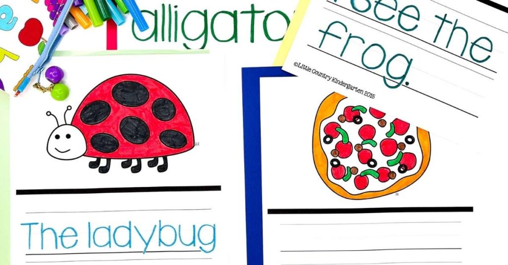 Leveled writing prompts showing one word alligator, one sentence "I see the frog", the sentence starter "The ladybug is " and a picture only pizza prompt.