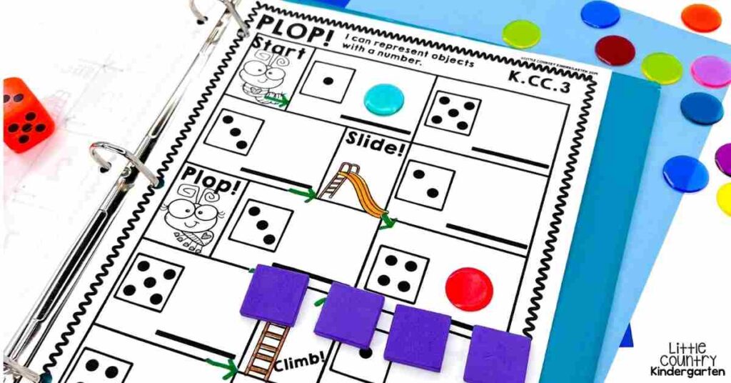Printable kindergarten math games showing printed PLOP game with standards K.CC.3 and tokens showing student representing objects with a number