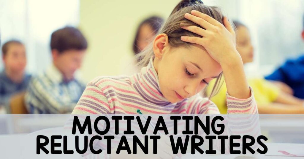 Student with hand on head writing. Motivate your reluctant writers and foster their love of writing. how to motivate a child to write