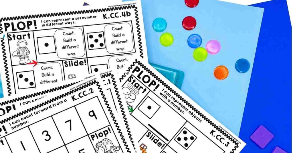 No prep binder games for kindergarten showing printable games for standards K.CC.2, K.CC.3, and K.CC.4