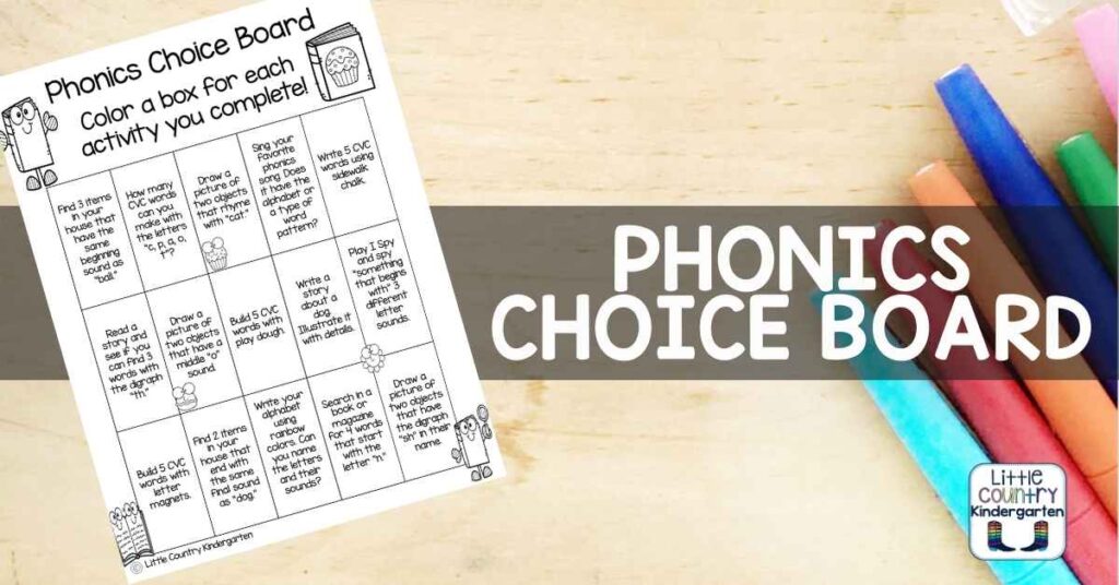 Phonics choice board with options to complete activities at home