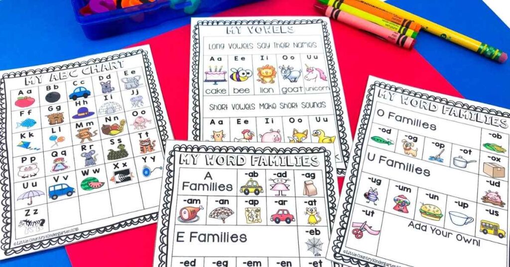 Phonics anchor chart resources featuring an alphabet chart, a vowel chart, and cvc word families charts