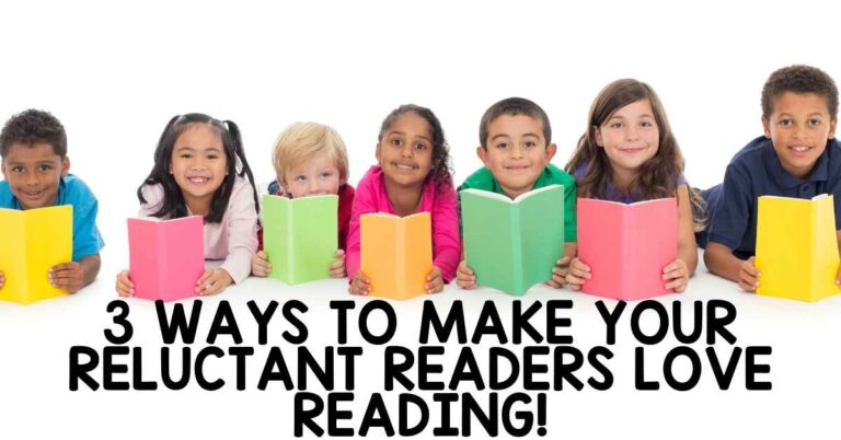 Seven smiling kids with books showing how reluctant readers can start loving reading!