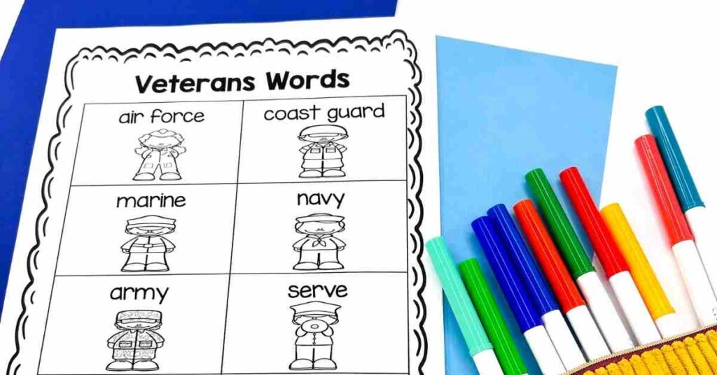 November themed student vocabulary anchor chart featuring Veterans words in black and white so students can color the pictures for their independent folder as an easy to implement strategy for teaching vocabulary in kindergarten.