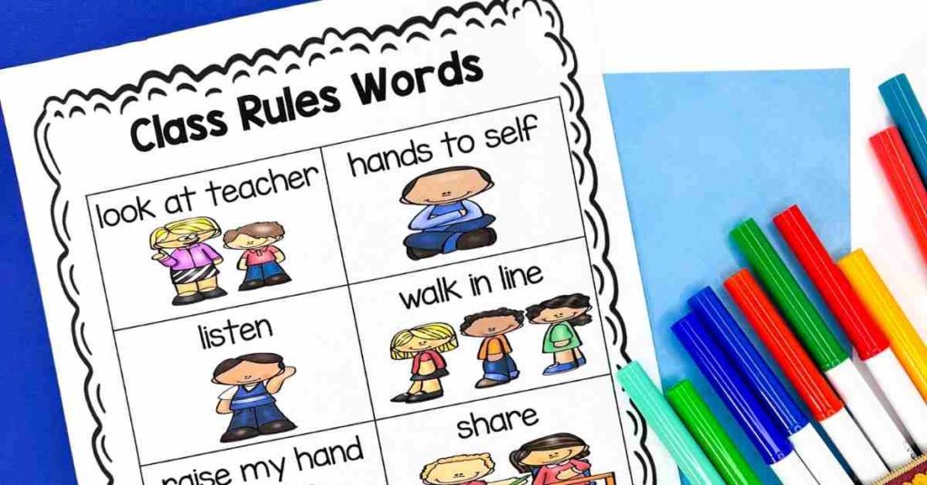 Teacher version vocabulary chart for class rules with colored clipart for the vocabulary words to display on a bulletin board or whiteboard.