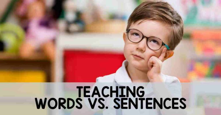 Little boy thinking with his hand on his face with the title "teaching words vs. sentences"