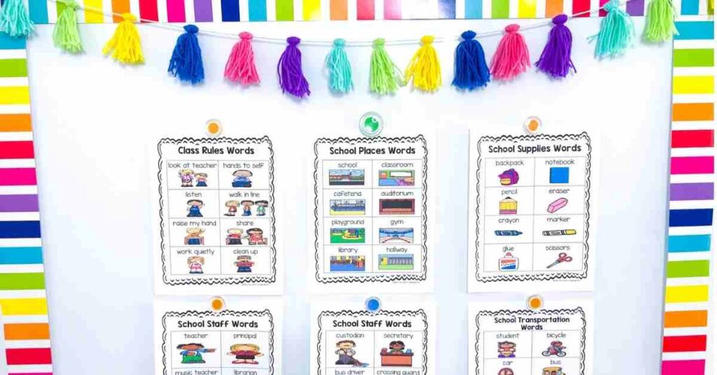 Themed vocabulary word wall featuring back to school words including class rules, school places, school supplies, school staff, and school transportation anchor charts