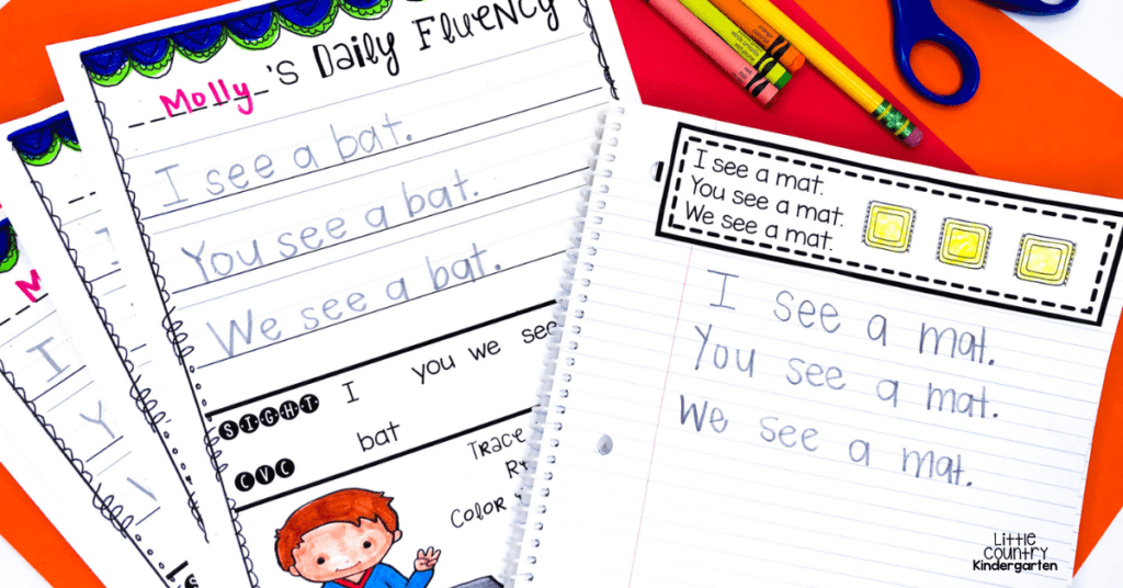 A notebook showing a basic fluency strip decodable reader for kindergarten where the student copied the passage and handouts where students trace over the passage.