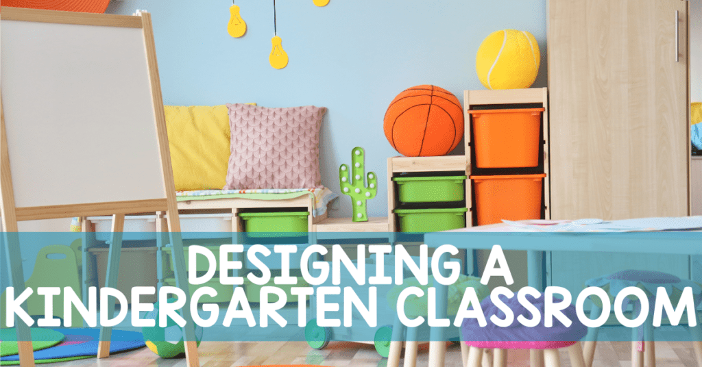 Title image featuring designing a kindergarten classroom and storage, a cabinet, whiteboard, and small group table in that classroom.