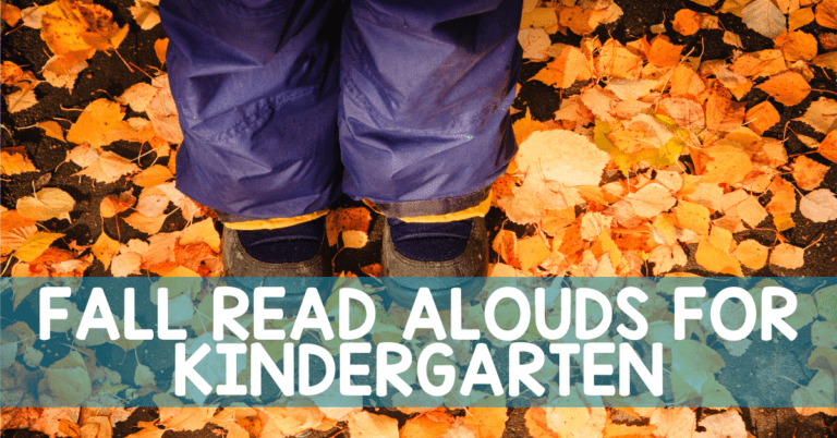 Fall Read Alouds for Kindergarten with child standing in orange fall leaves