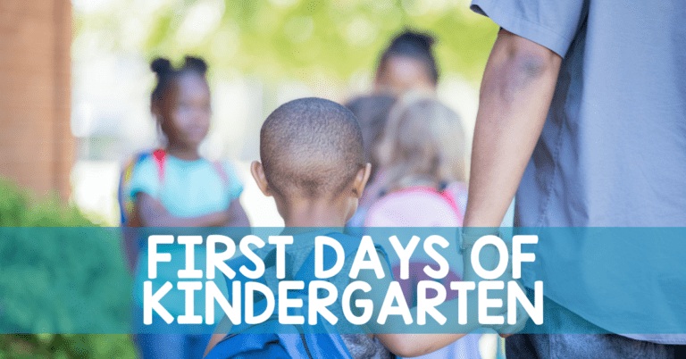 parent holding child's hand walking into a school with title First days of Kindergarten