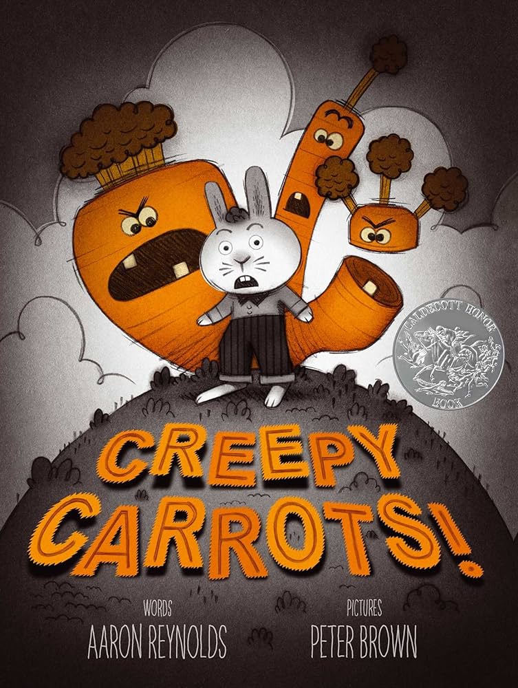 This is the cover of Creepy Carrots which is book four of the best read alouds for kindergarten in October. It shows a white rabbit looking scared with three creepy looking carrots behind him.