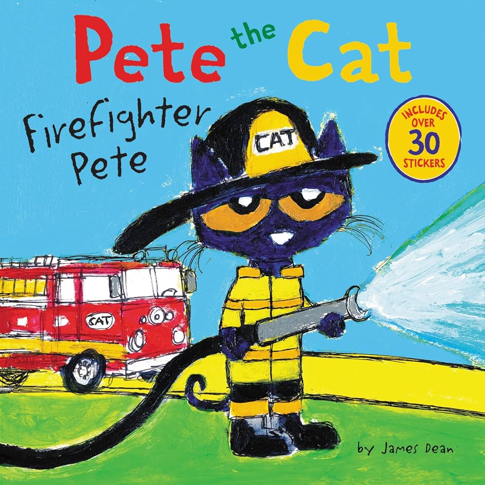 This is the cover of Pete the Cat Firefighter Pete which is book one of the best read alouds for kindergarten in October. It shows Pete the Cat dressed as a firefighter spraying a hose and there is a fire truck in the background.