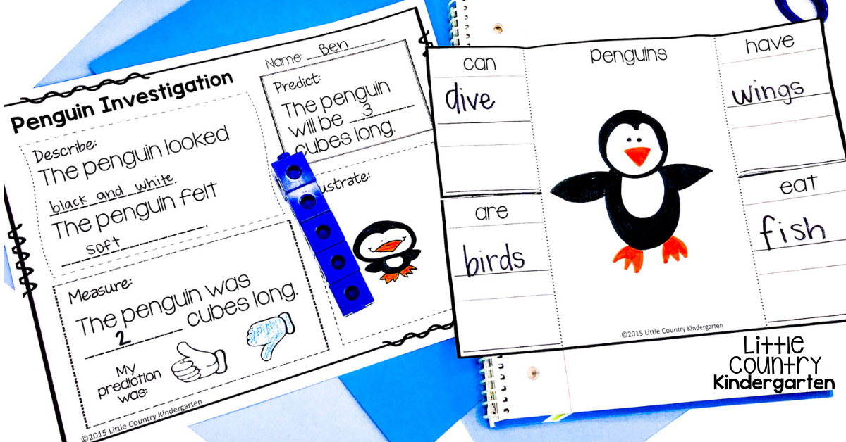 Better sentence writing for kindergarten can be achieved through research such as this penguin investigation where students measure penguin figurines with nonstandard measurement, describe it, and create an interactive notebook with sentence starters.