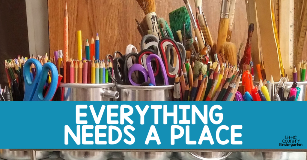 Classroom organization such as these school supplies in cups is an important part of teaching back to school kindergarten routines