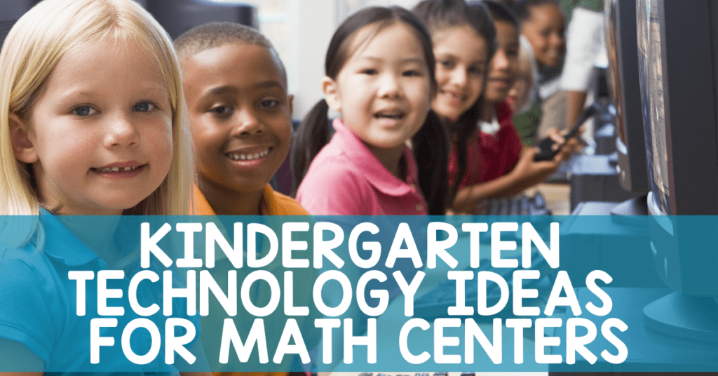 Kindergarten technology ideas for math centers include free and paid programs and games. Five children are sitting in front of computers smiling.