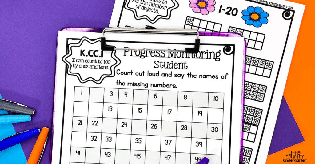 Math progress monitoring and data notebook pages as could be used during the teacher center of kindergarten guided math