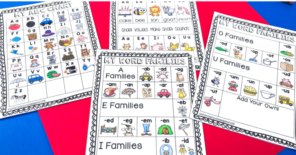 Mini anchor charts on word families, alphabet sounds, and short and long vowels