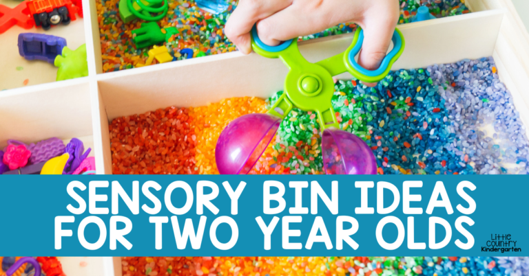 sensory bin of colored rice and 2 year old using tongs